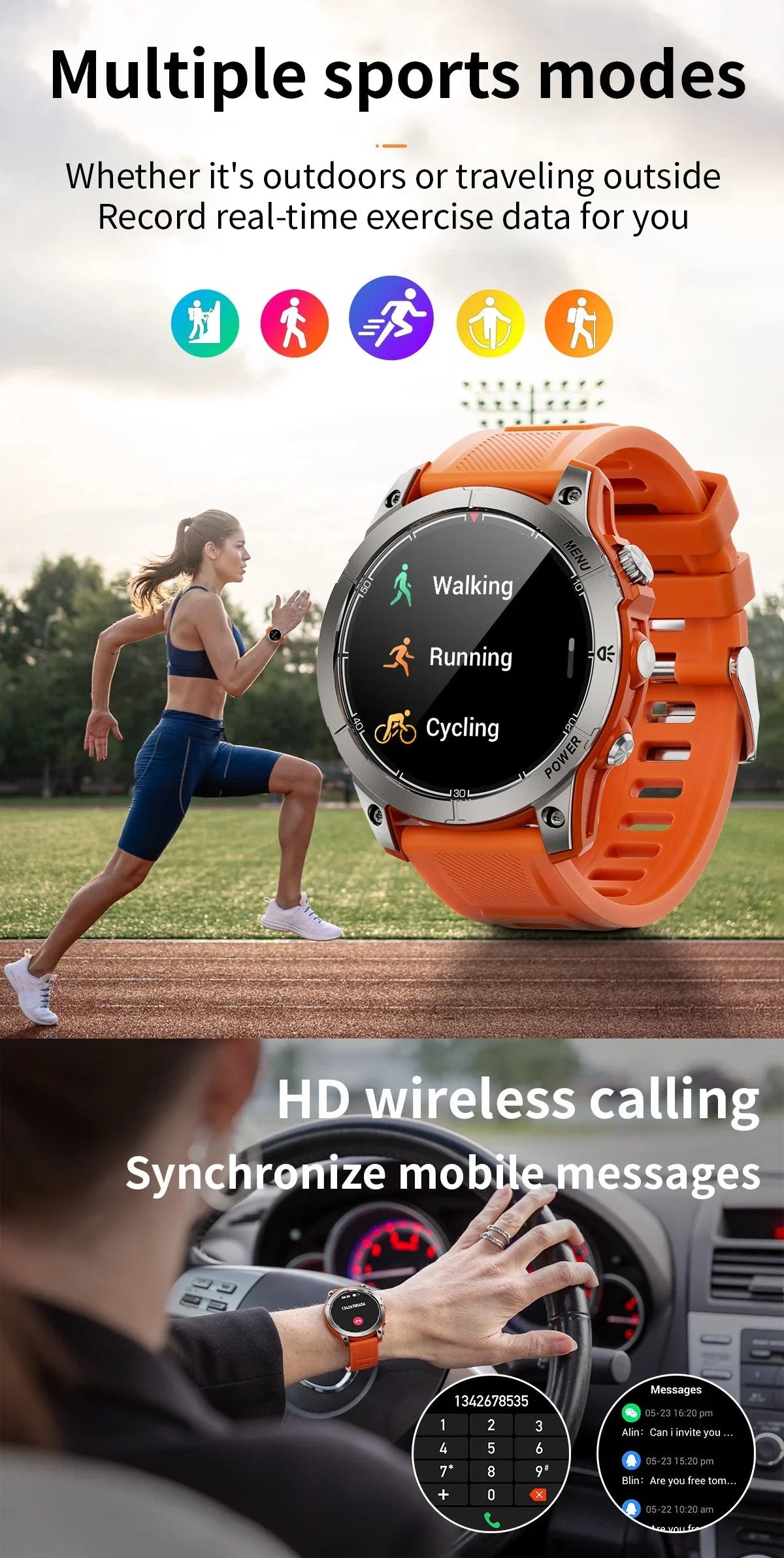 Orange sports smartwatch showing walking, running, and cycling modes; woman running outdoors; man making wireless call in car