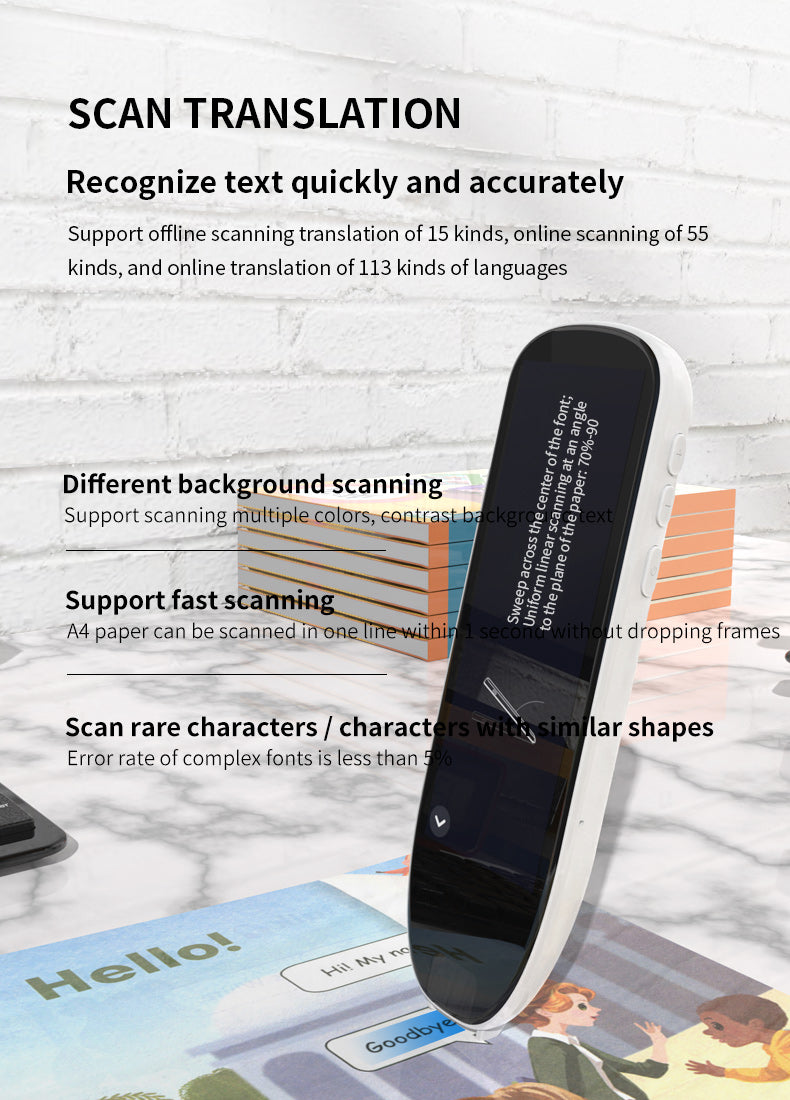 HP34 Smart products Watches, bracelets, rings, translation pens The multi-functional multi-language translation pen supports scanning voice to quickly and accurately recognize text, offline translation,