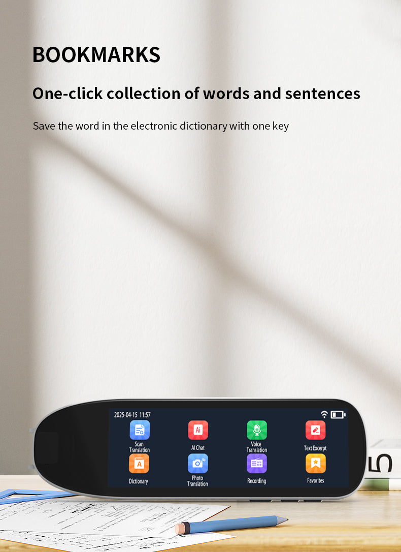 HP34 Smart products Watches, bracelets, rings, translation pens The multi-functional multi-language translation pen supports scanning voice to quickly and accurately recognize text, offline translation,