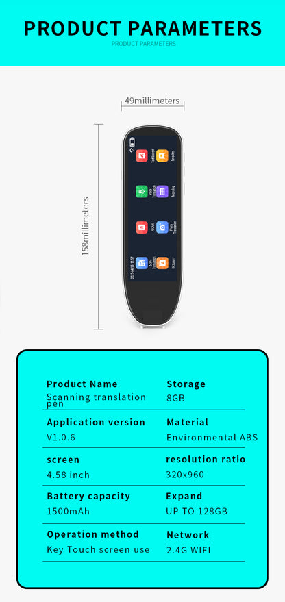 HP34 Smart products Watches, bracelets, rings, translation pens The multi-functional multi-language translation pen supports scanning voice to quickly and accurately recognize text, offline translation,