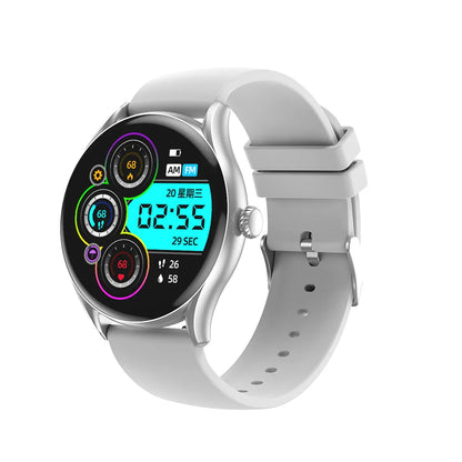 Silver smartwatch with gray silicone band displaying colorful fitness and time metrics on digital screen