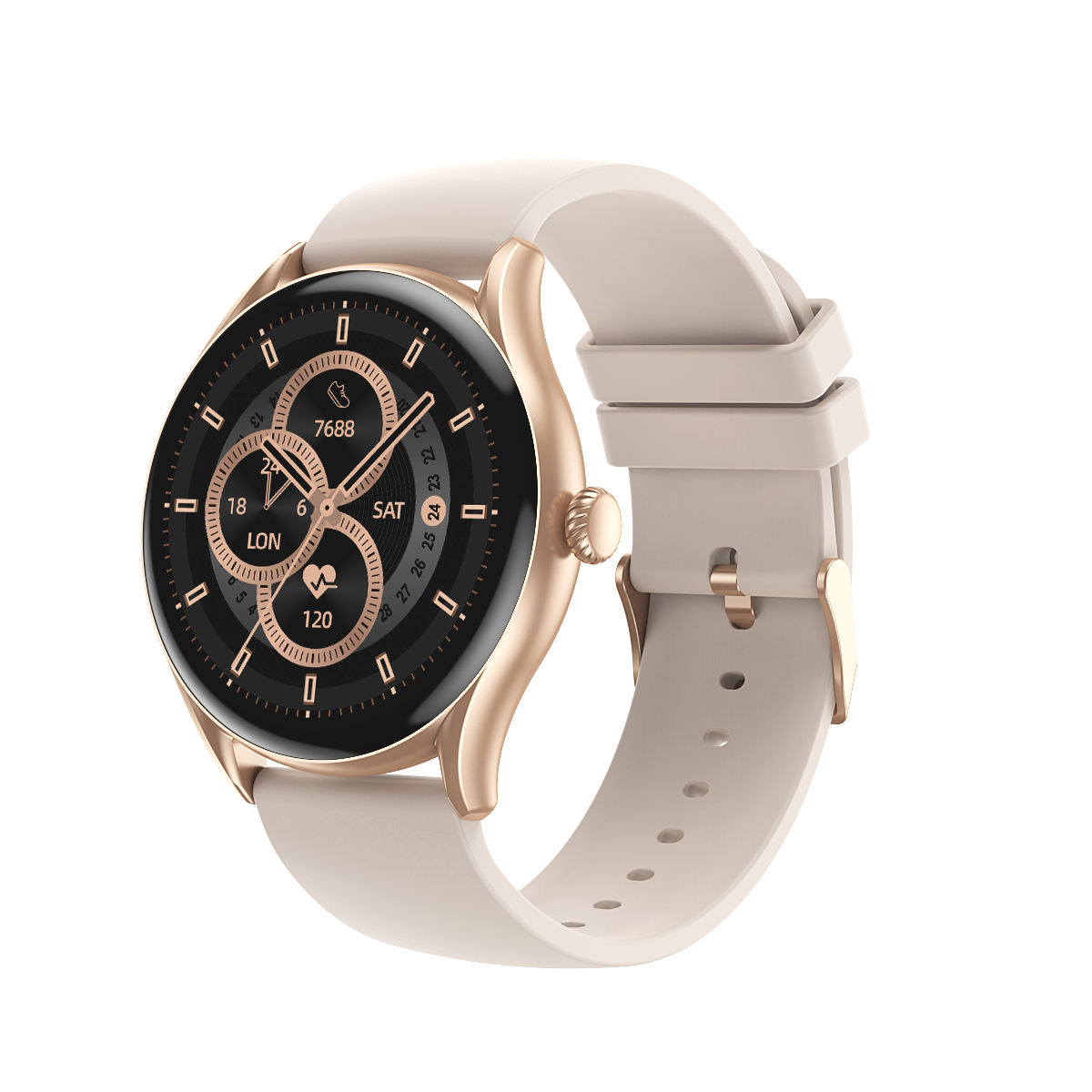 Rose gold smart watch with beige silicone band showing step count, heart rate, time, and date on black dial