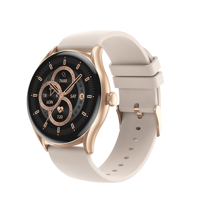 Rose gold smart watch with beige silicone band showing step count, heart rate, time, and date on black dial