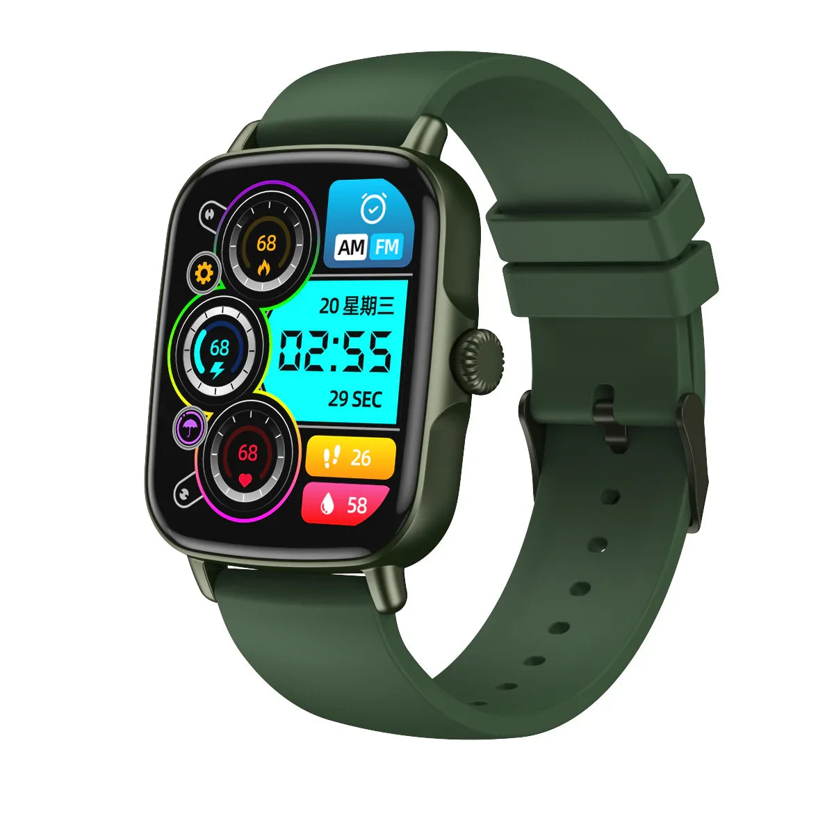 Green smartwatch with digital fitness stats, heart rate, steps, and time display on screen
