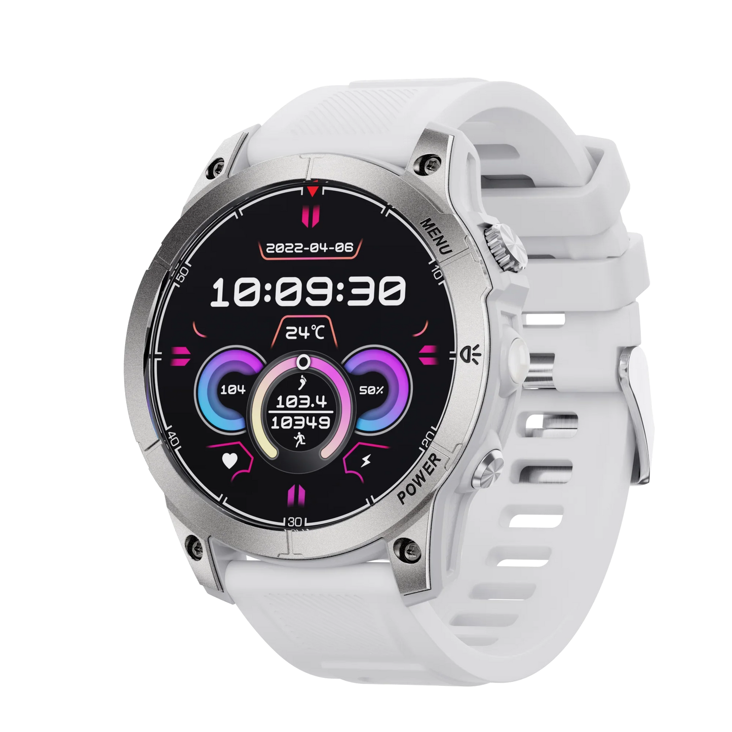 White sports smartwatch showing time, date, temperature, heart rate, and step count on round digital display