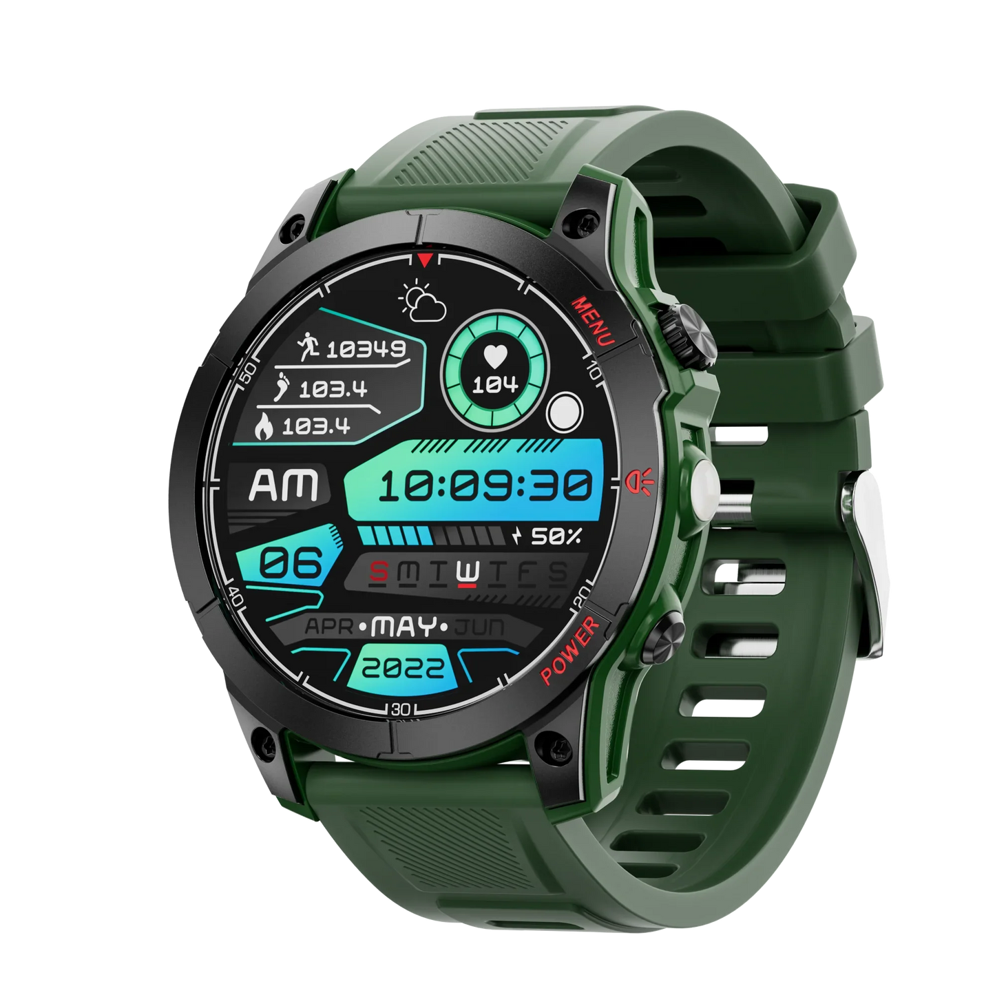 Green smart sports watch with digital display showing time, heart rate, steps, calories, and date