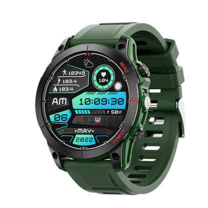 Green smart sports watch with digital display showing time, heart rate, steps, calories, and date