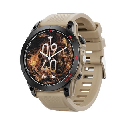 Smartwatch with beige silicone strap and black bezel displaying time 09:40 AM and date Wed 06