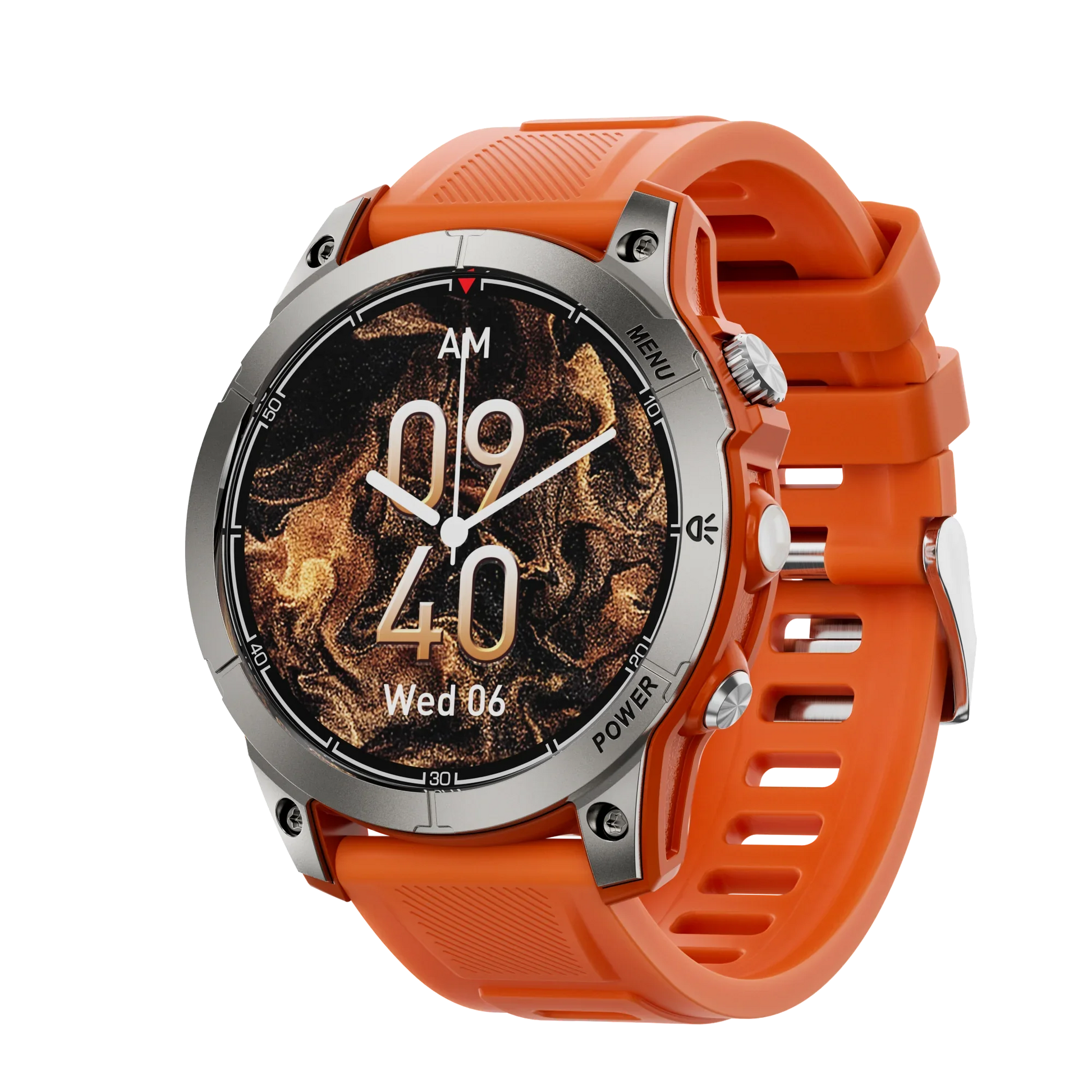Smartwatch with orange silicone band and silver bezel showing time 09:40 AM on marble textured dial