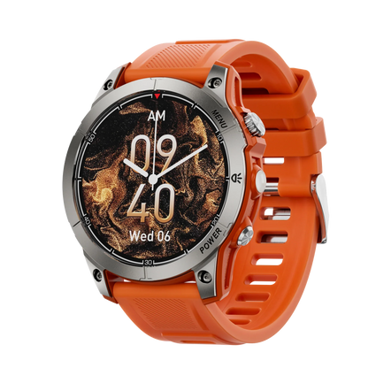 Smartwatch with orange silicone band and silver bezel showing time 09:40 AM on marble textured dial