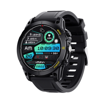 Black smart fitness watch with digital time, heart rate 104, step count 10349, and date May 6, 2022