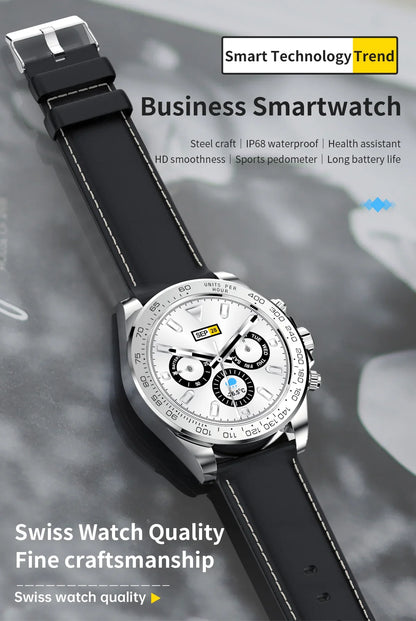 Business smartwatch with black leather strap, silver case, multifunctional dial, and Swiss craftsmanship