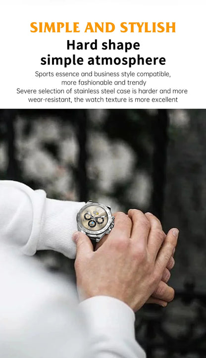 Close-up of person wearing stylish stainless steel sports watch with chronograph on wrist