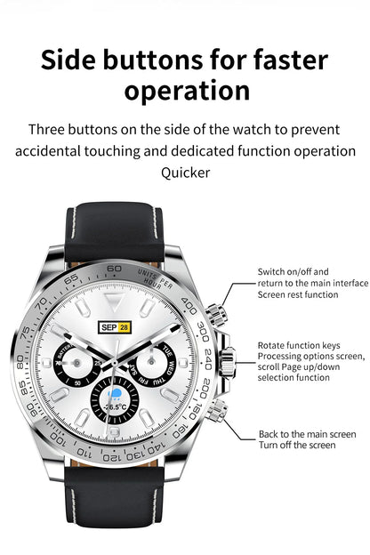 Silver watch with black leather strap featuring three side buttons for faster function control