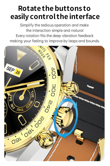 Close-up of gold and black chronograph watch with rotating buttons and brown leather strap