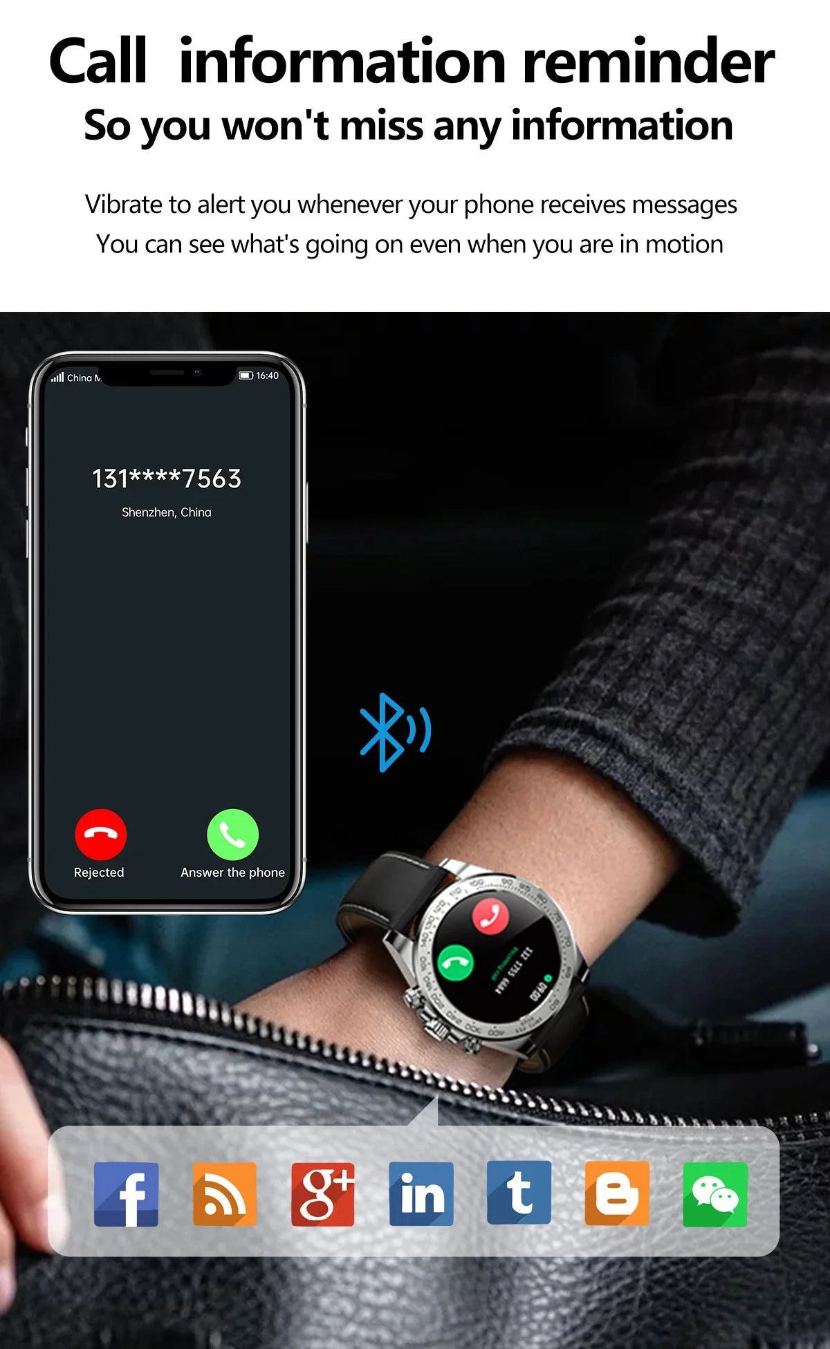 Smartwatch on wrist showing incoming call with Bluetooth connection to smartphone, call answer options