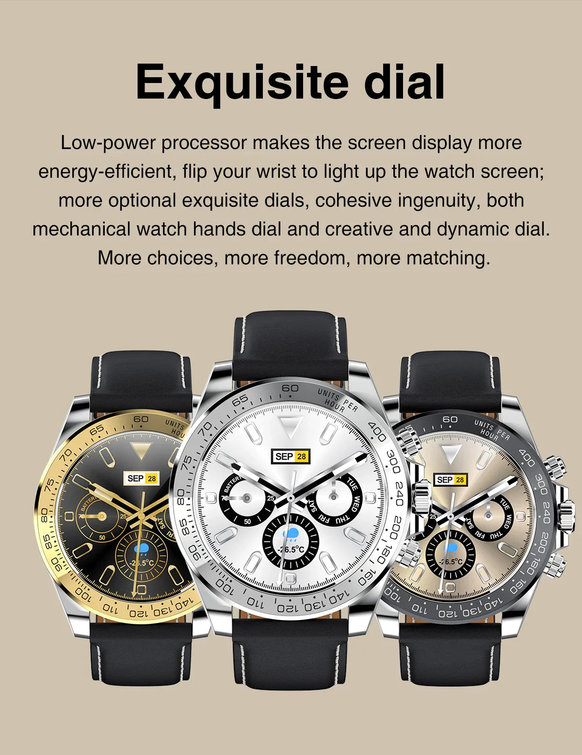 Three luxury chronograph watches with black leather straps and detailed dials showing date, day, and temperature