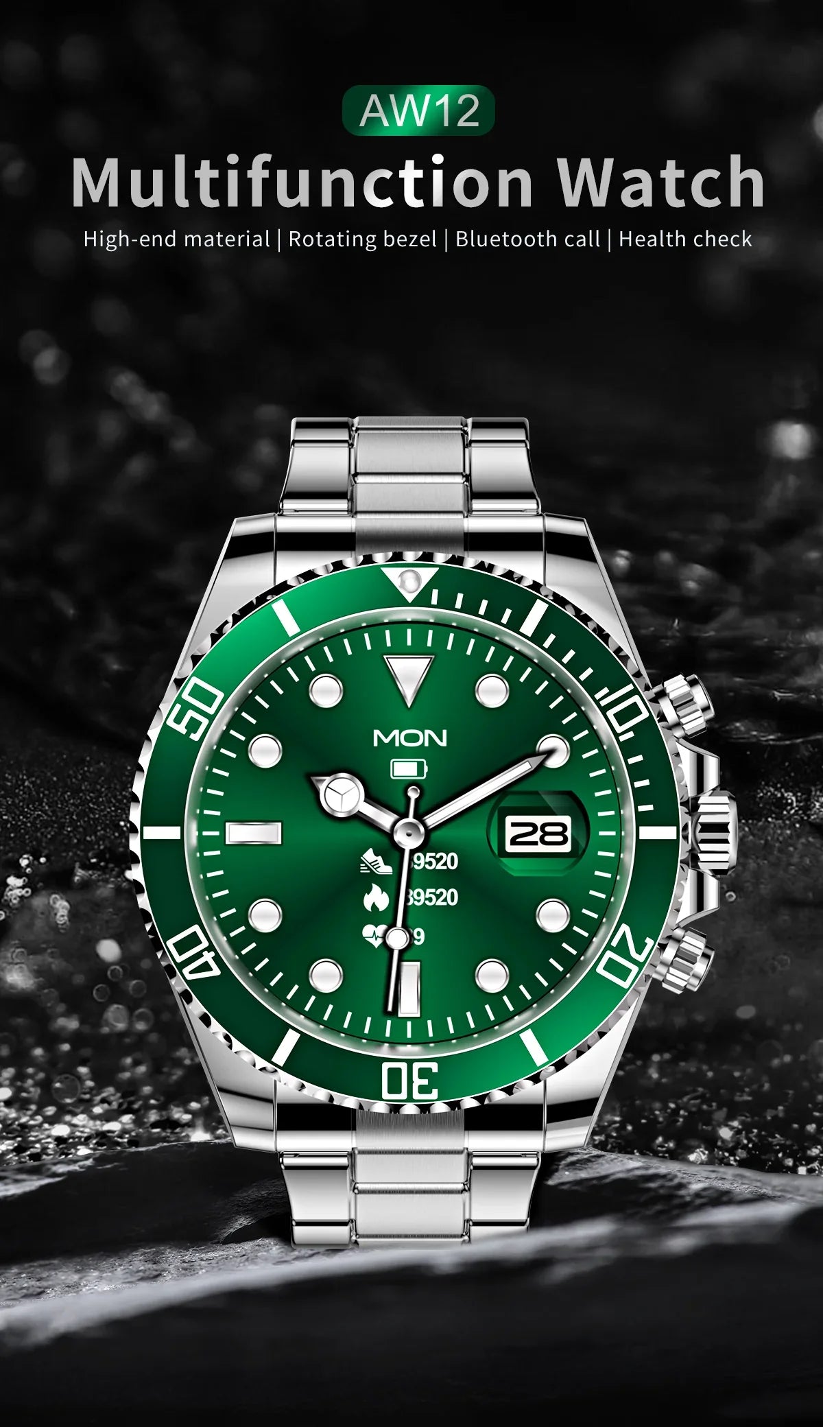 AW12 multifunction watch with green rotating bezel, stainless steel band, Bluetooth call, and health check features