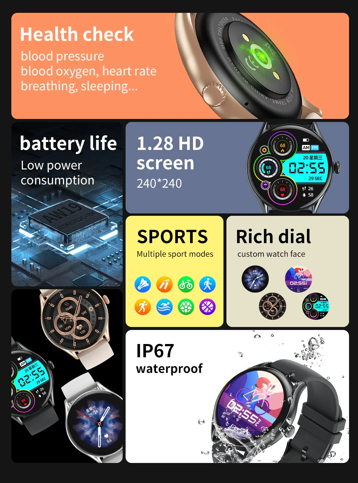 Smartwatch features health check, 1.28 HD screen, multiple sports modes, rich dial customization, IP67 waterproof, long battery life
