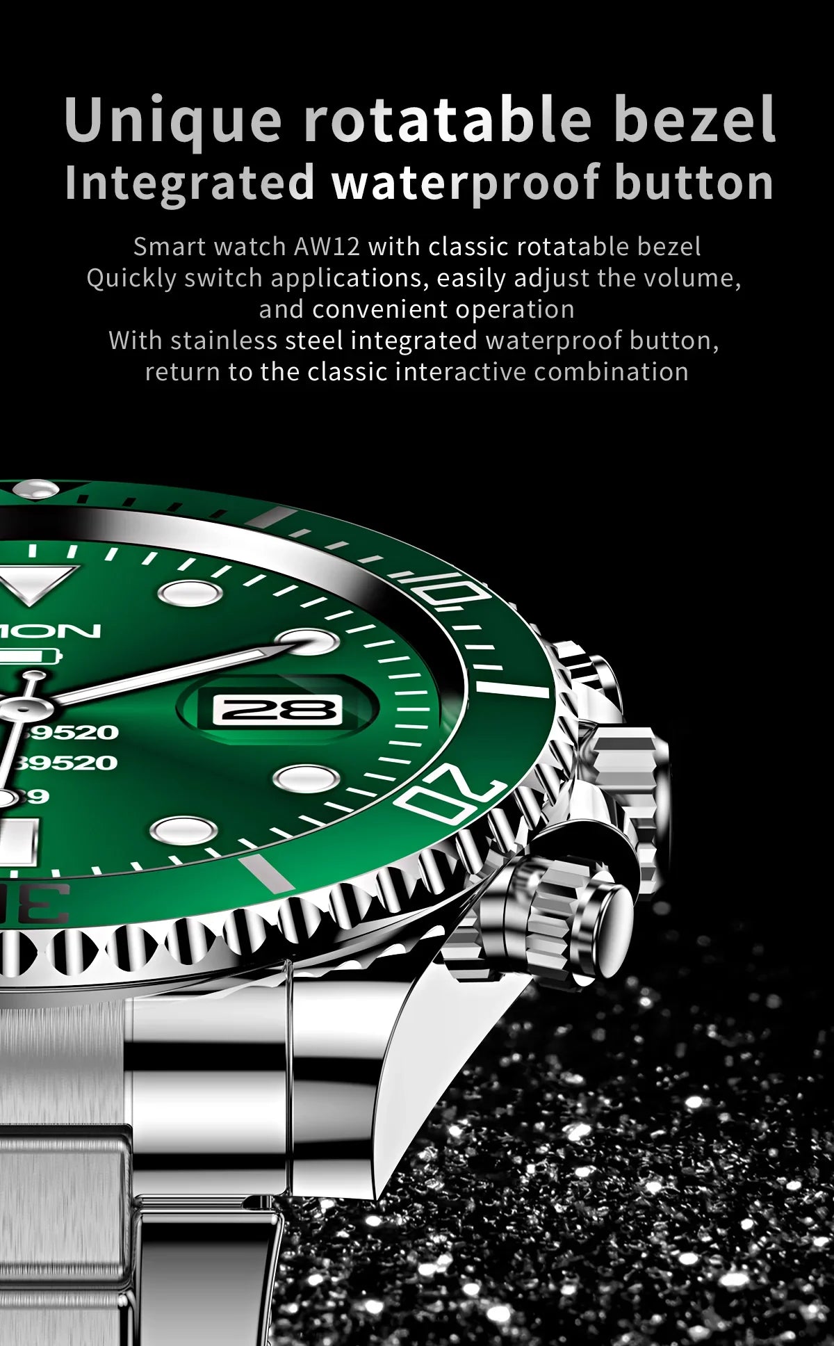 Close-up of AW12 smartwatch with green dial, rotatable bezel, stainless steel waterproof button