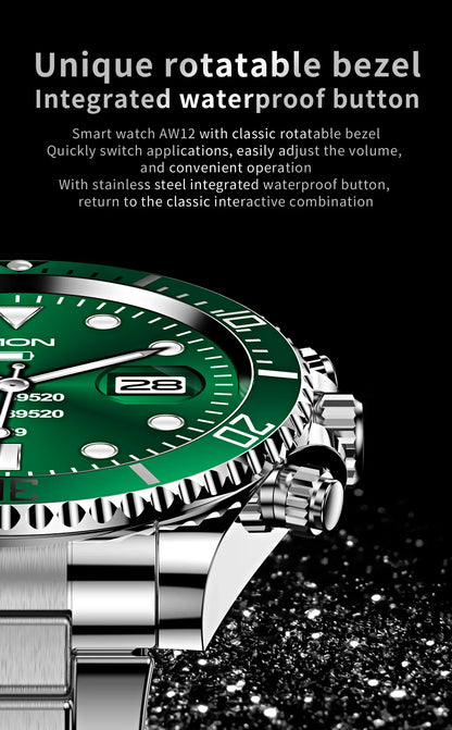 Close-up of AW12 smartwatch with green dial, rotatable bezel, stainless steel waterproof button