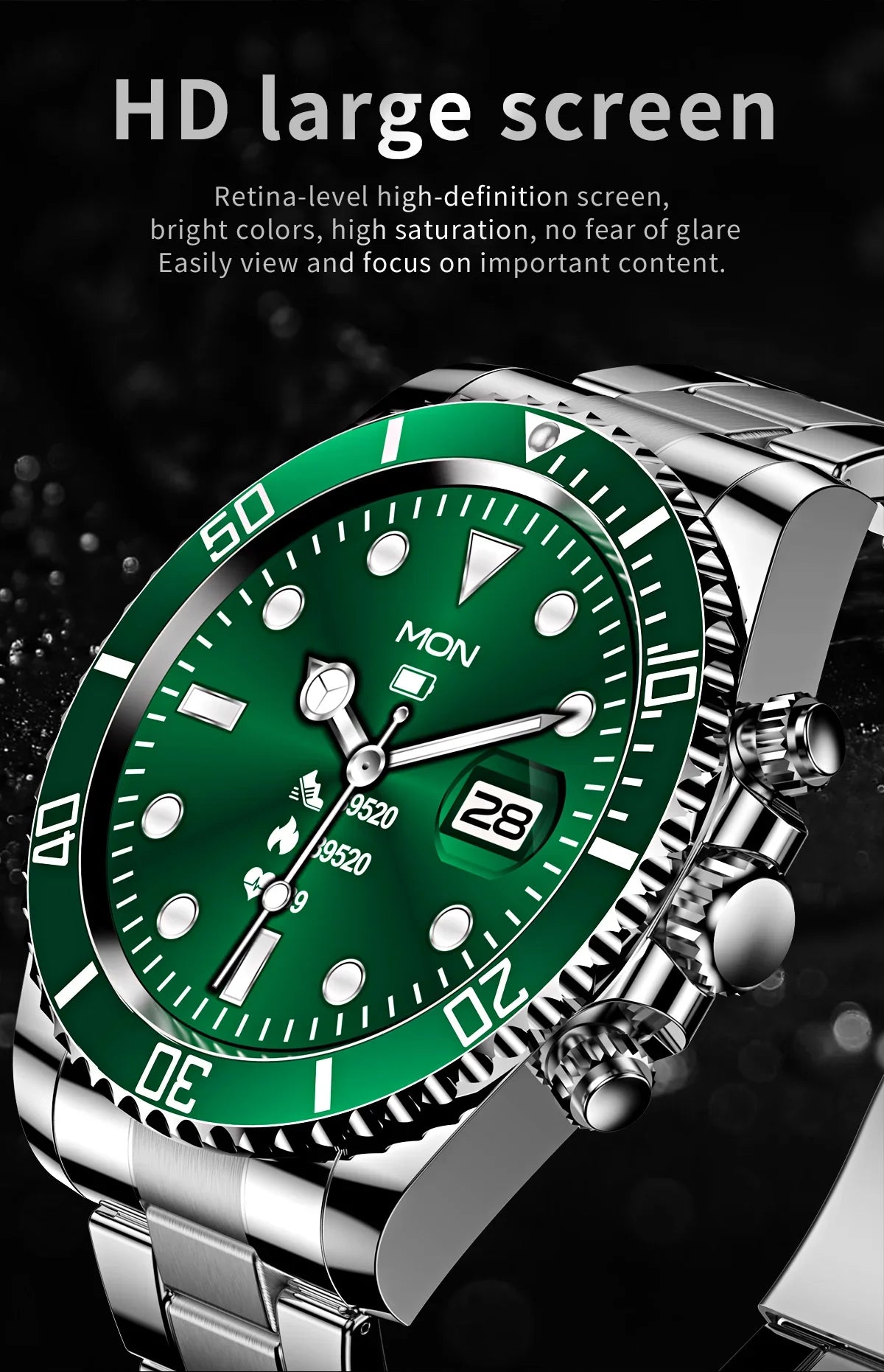 Close-up of green dial stainless steel smartwatch with HD large screen and fitness tracking icons