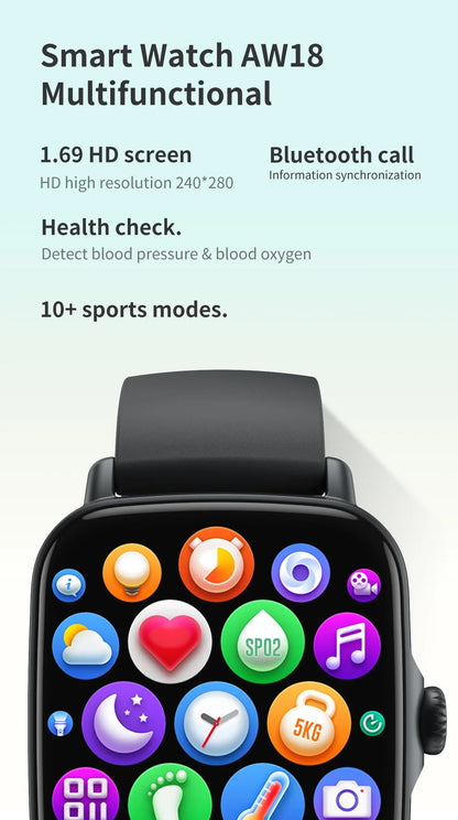 Smart Watch AW18 with 1.69 HD screen, health check features, Bluetooth call, and 10+ sports modes
