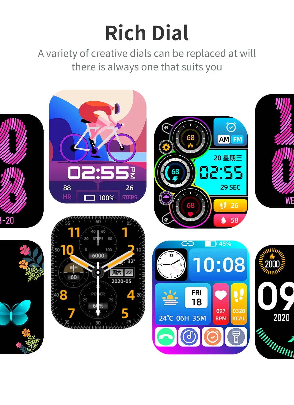 Smartwatch screen dial options showing cycling, analog, digital, weather, heart rate, and fitness tracking displays