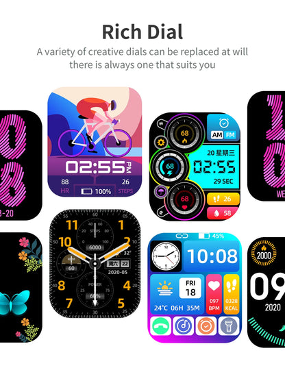 Smartwatch screen dial options showing cycling, analog, digital, weather, heart rate, and fitness tracking displays