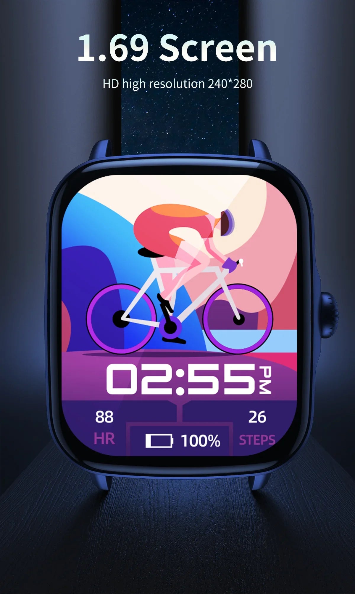 Smartwatch with 1.69 inch HD screen displaying cycling animation, time, heart rate, steps, and 100% battery
