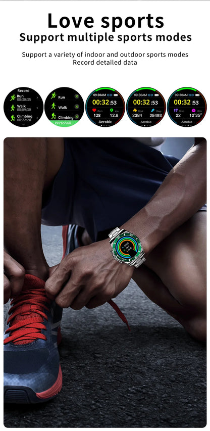 Runner tying shoelaces wearing sports watch with multiple sport modes and fitness tracking on screen