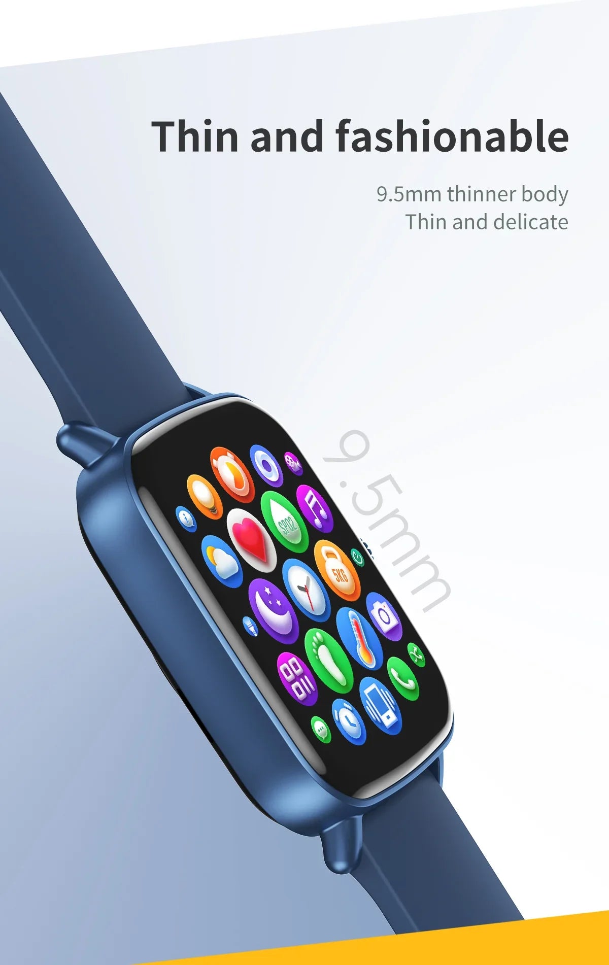 Blue thin and fashionable smartwatch with colorful app icons on display, 9.5mm thin body