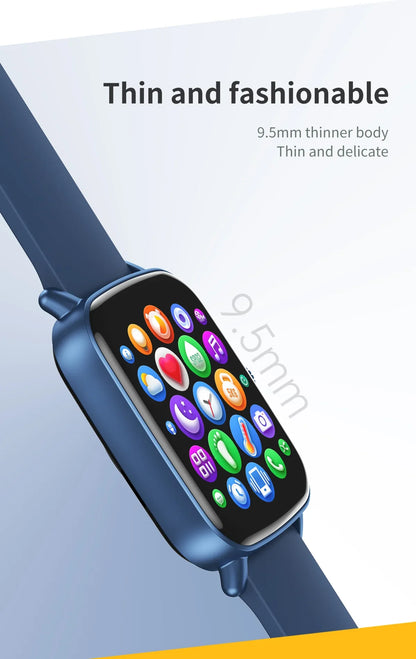 Blue thin and fashionable smartwatch with colorful app icons on display, 9.5mm thin body