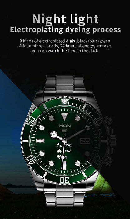 Night light stainless steel watch with green electroplated dial and luminous beads for visibility in the dark