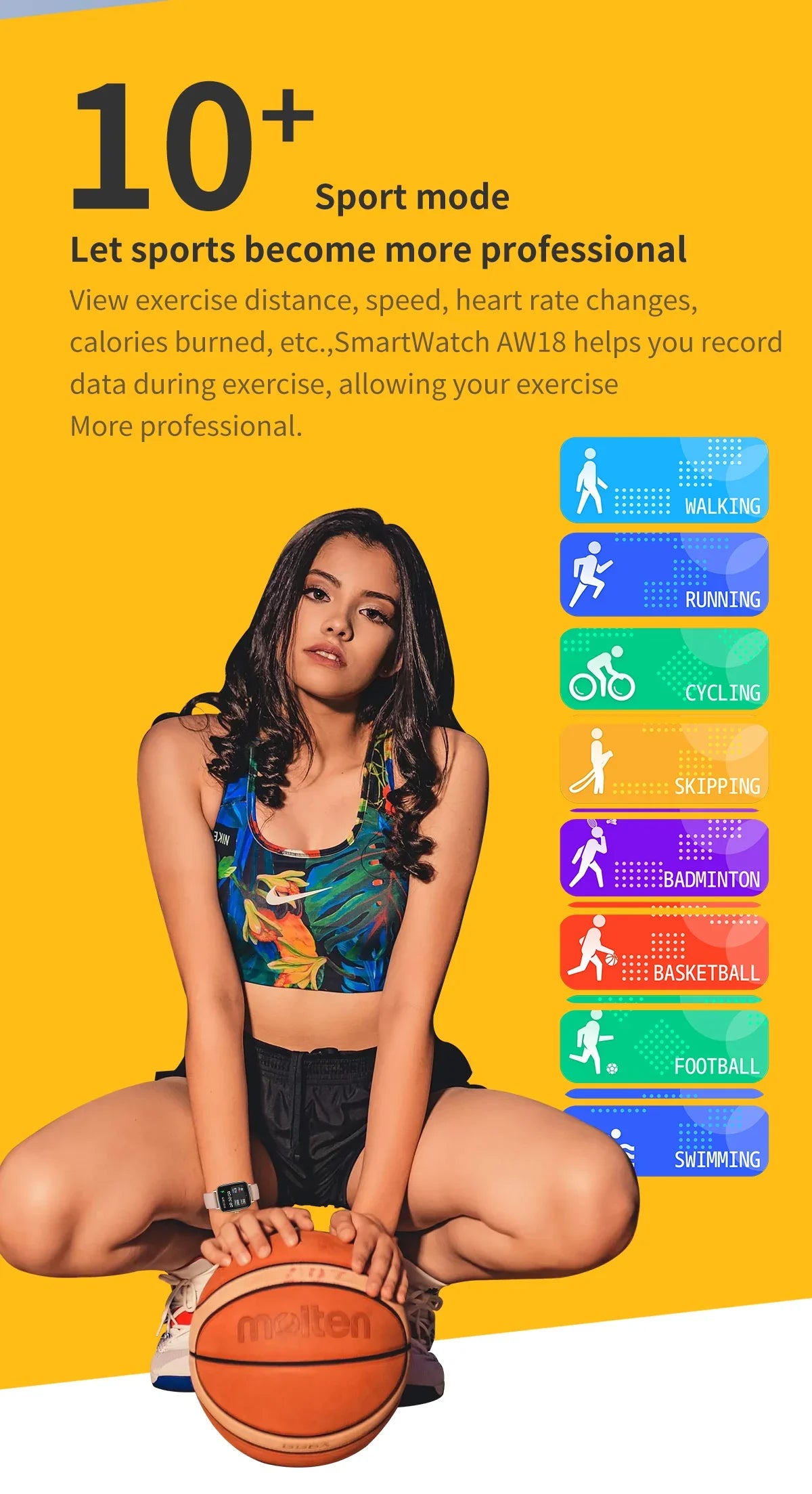 Sporty woman in colorful top and shorts holding basketball, promoting smartwatch with 10+ sport modes
