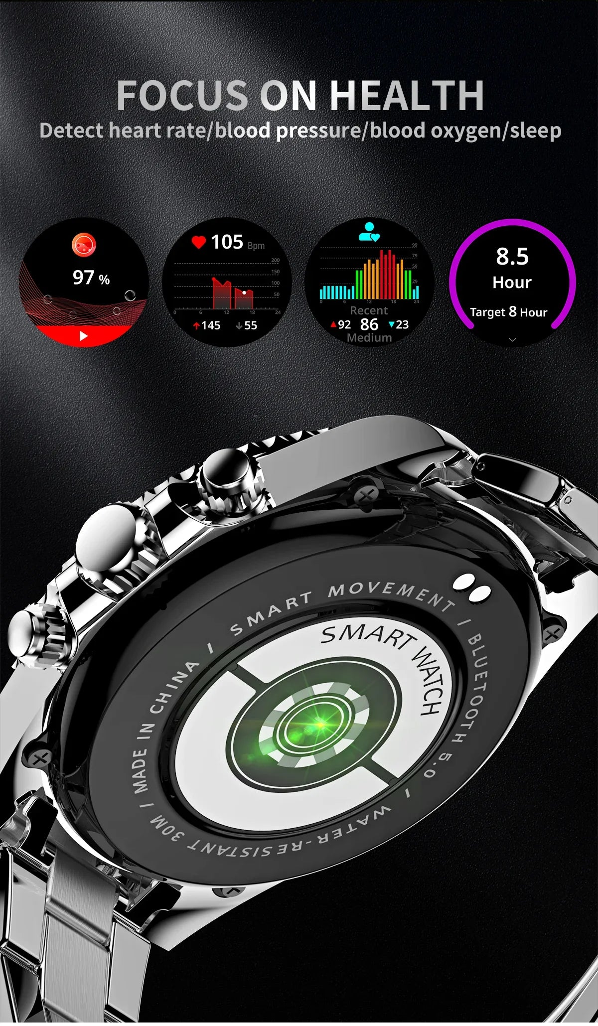 Smartwatch back view with health tracking sensors and screens showing heart rate, blood pressure, oxygen, and sleep data