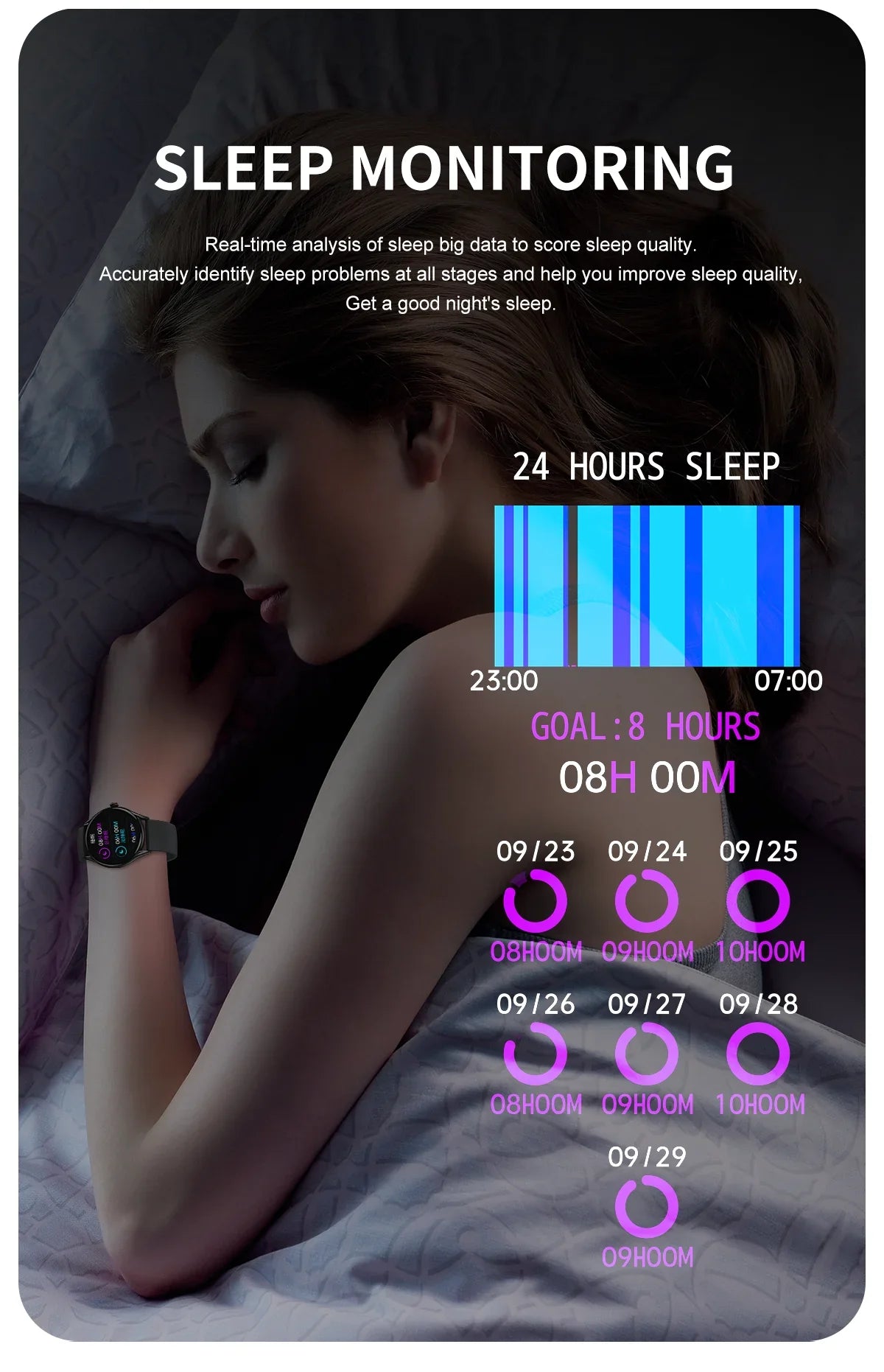 Woman sleeping on bed with sleep monitoring smartwatch tracking 24-hour sleep data and goals