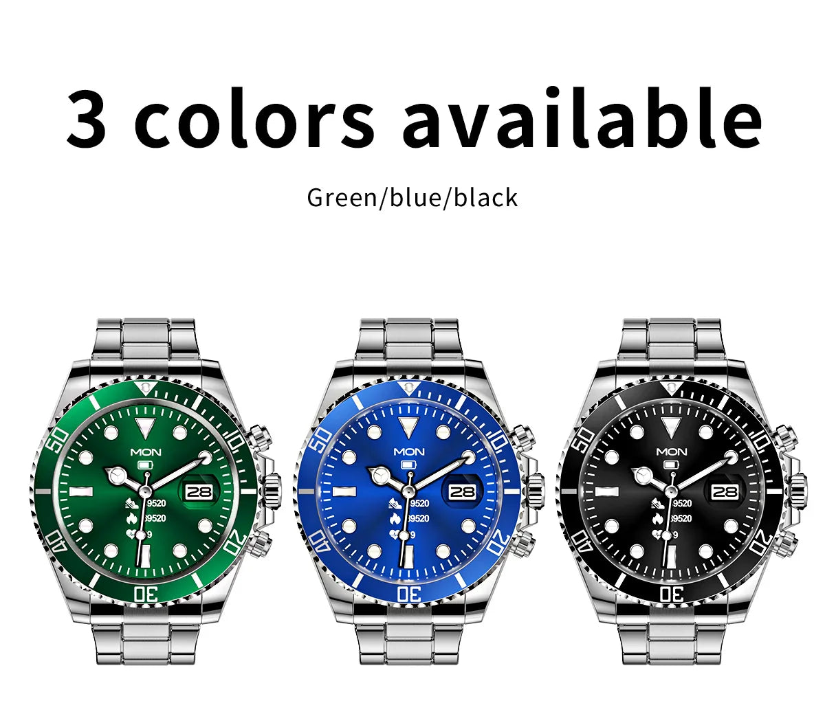 Three stainless steel wristwatches in green, blue, and black with a date display and rotating bezel