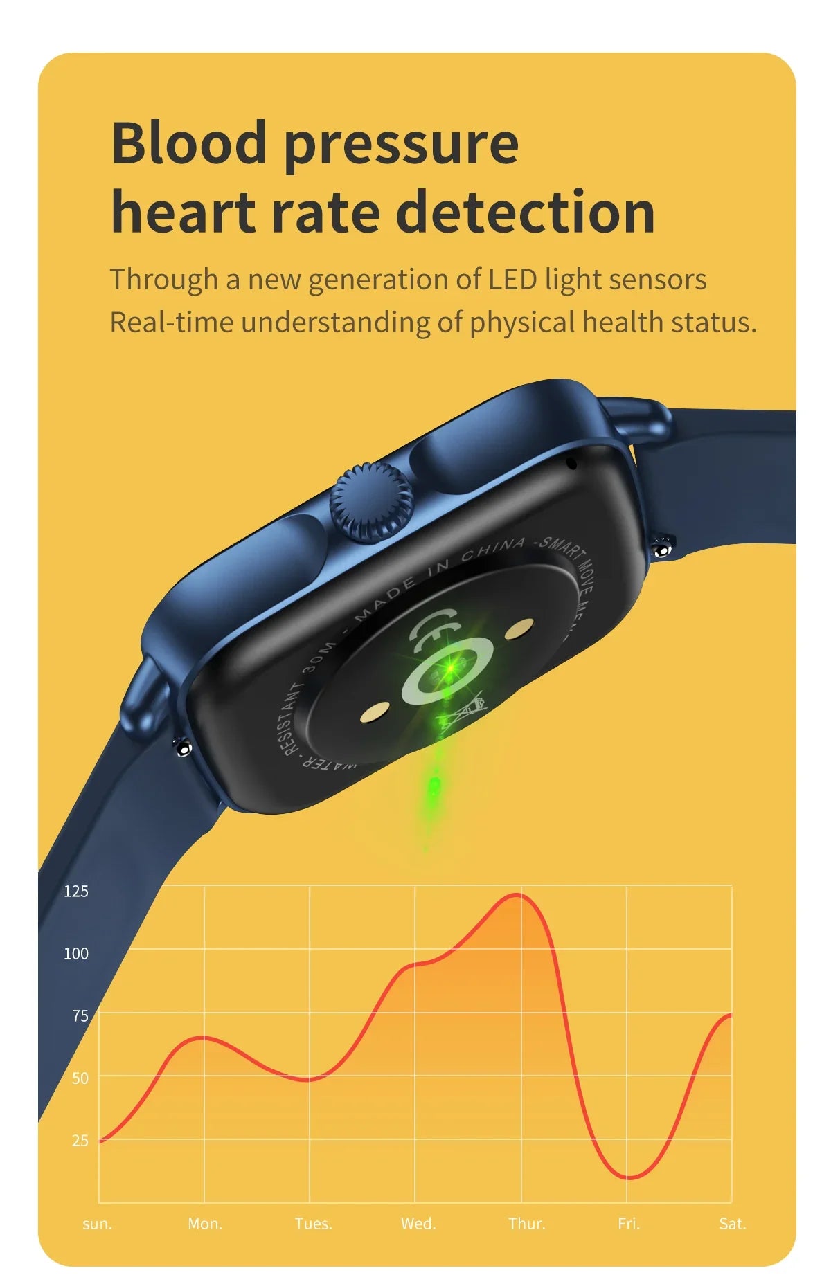 Smartwatch with LED sensors for blood pressure and heart rate detection showing health graph