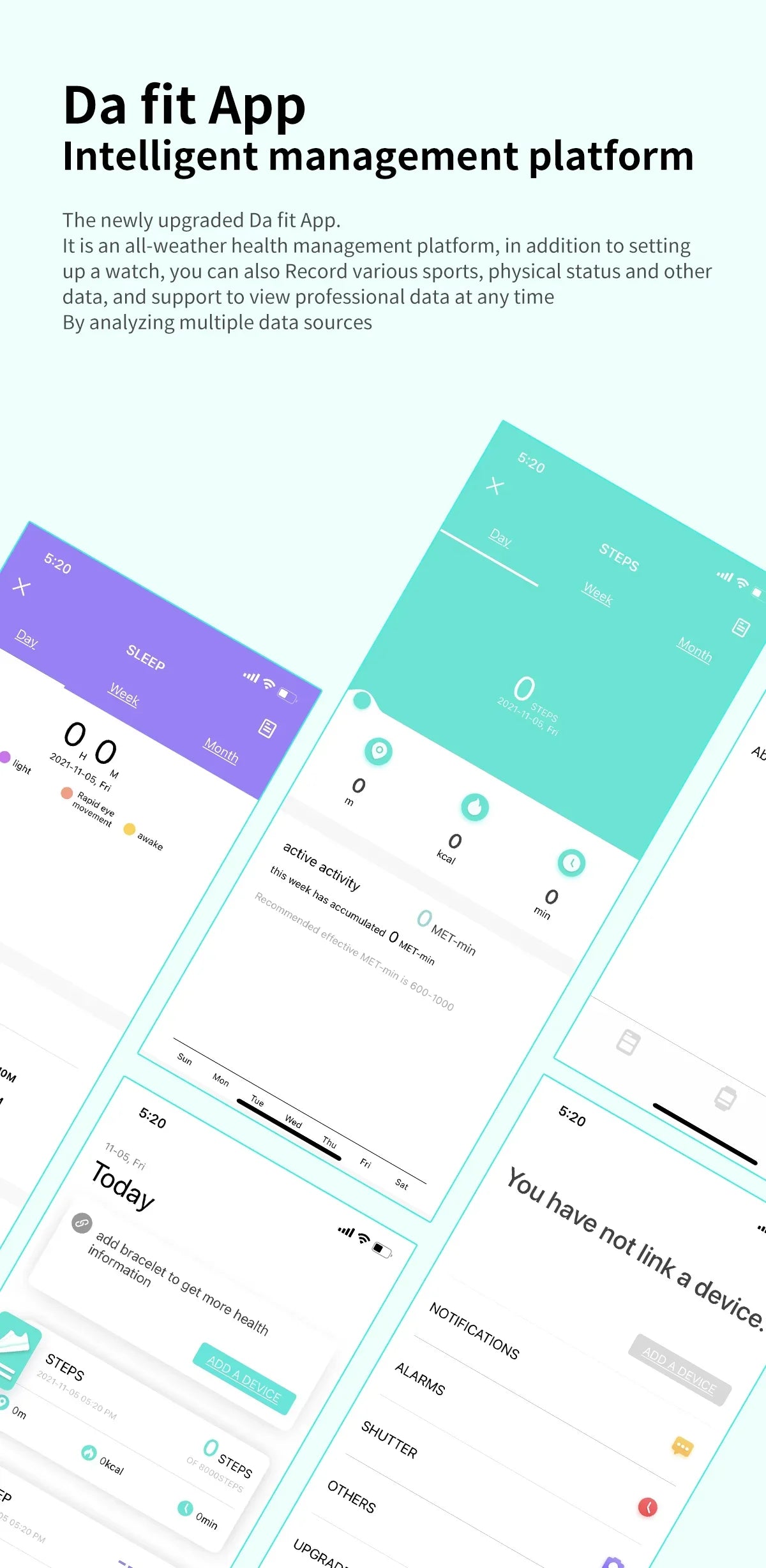Da fit App health management platform with sleep tracking, steps count, and device linking features