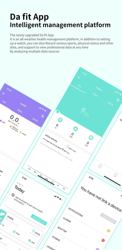 Da fit App health management platform with sleep tracking, steps count, and device linking features
