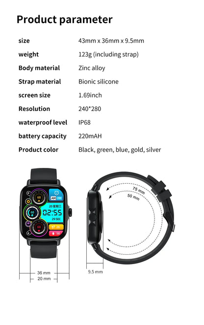 Smartwatch with black bionic silicone strap, 1.69-inch color screen, waterproof IP68, zinc alloy body