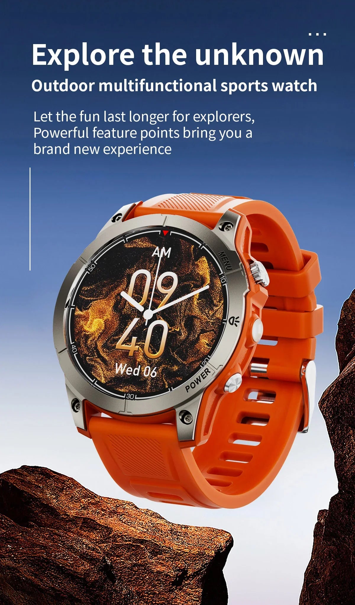 Orange outdoor multifunctional sports watch with digital-analog display on rocky background