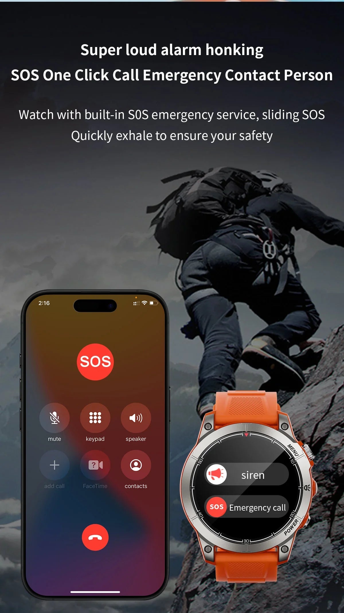 Outdoor climbing scene with smartwatch showing emergency SOS call and phone interface in call mode