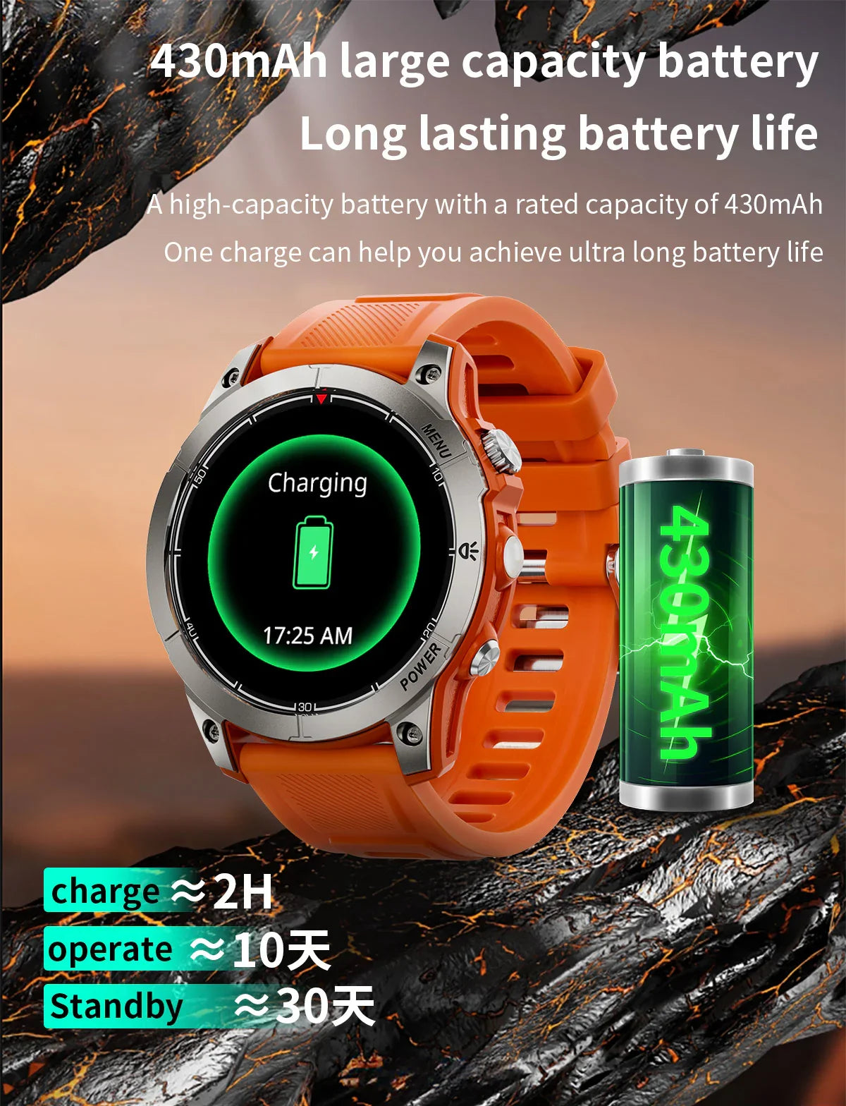 Orange smartwatch with round face showing charging status and 430mAh battery icon indicating long battery life