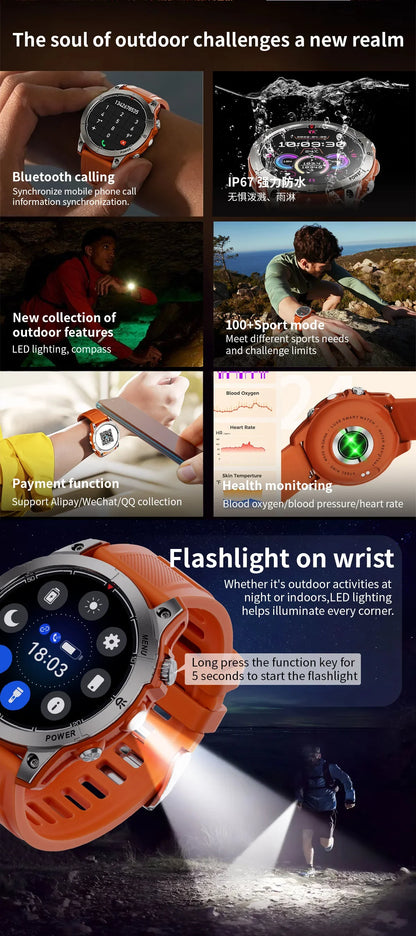 Orange outdoor smartwatch with Bluetooth calling, IP67 waterproof, sports modes, health monitoring, LED flashlight