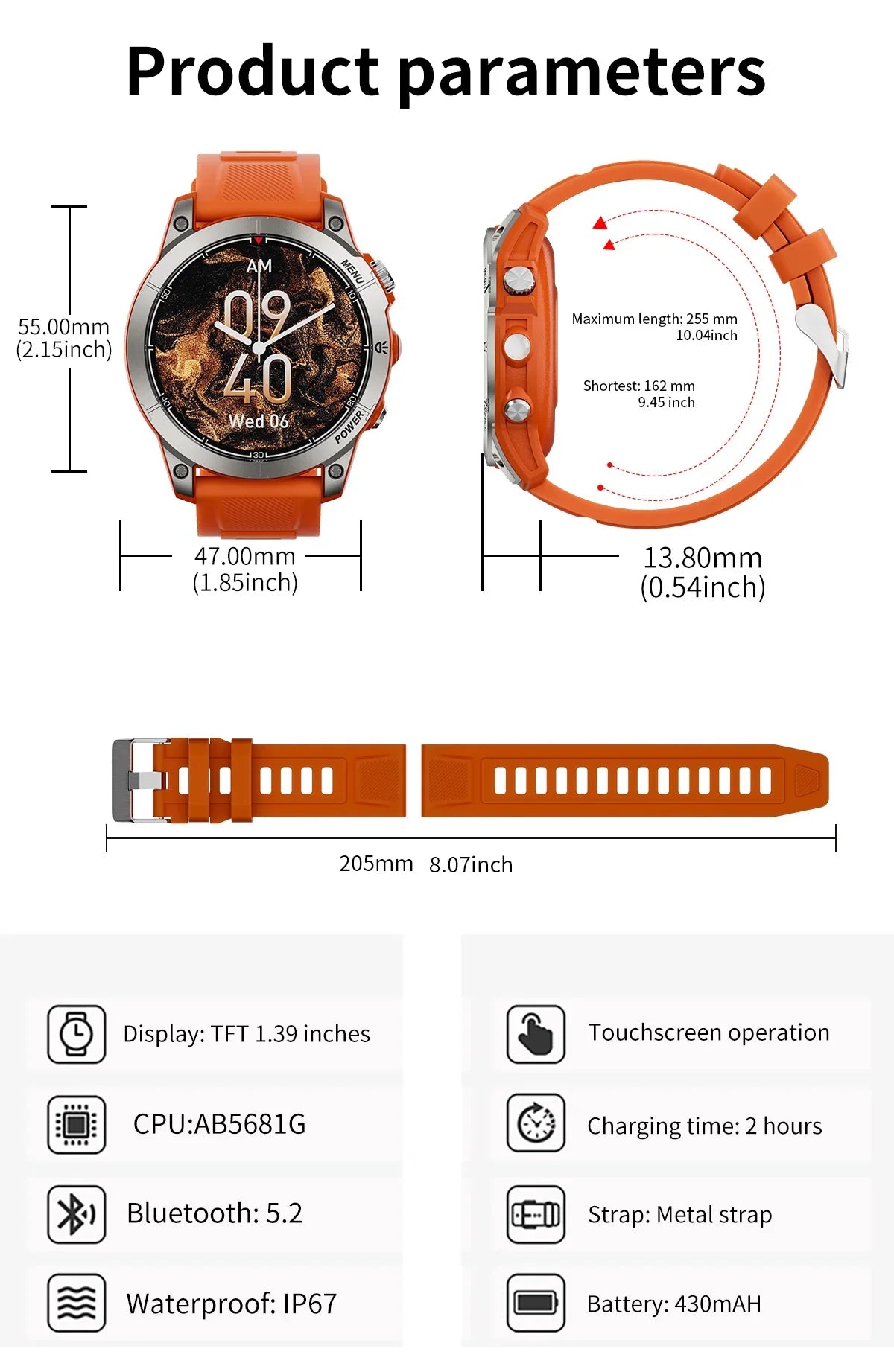 Orange smart watch with 1.39-inch TFT display, Bluetooth 5.2, IP67 waterproof, metal strap, and 430mAH battery
