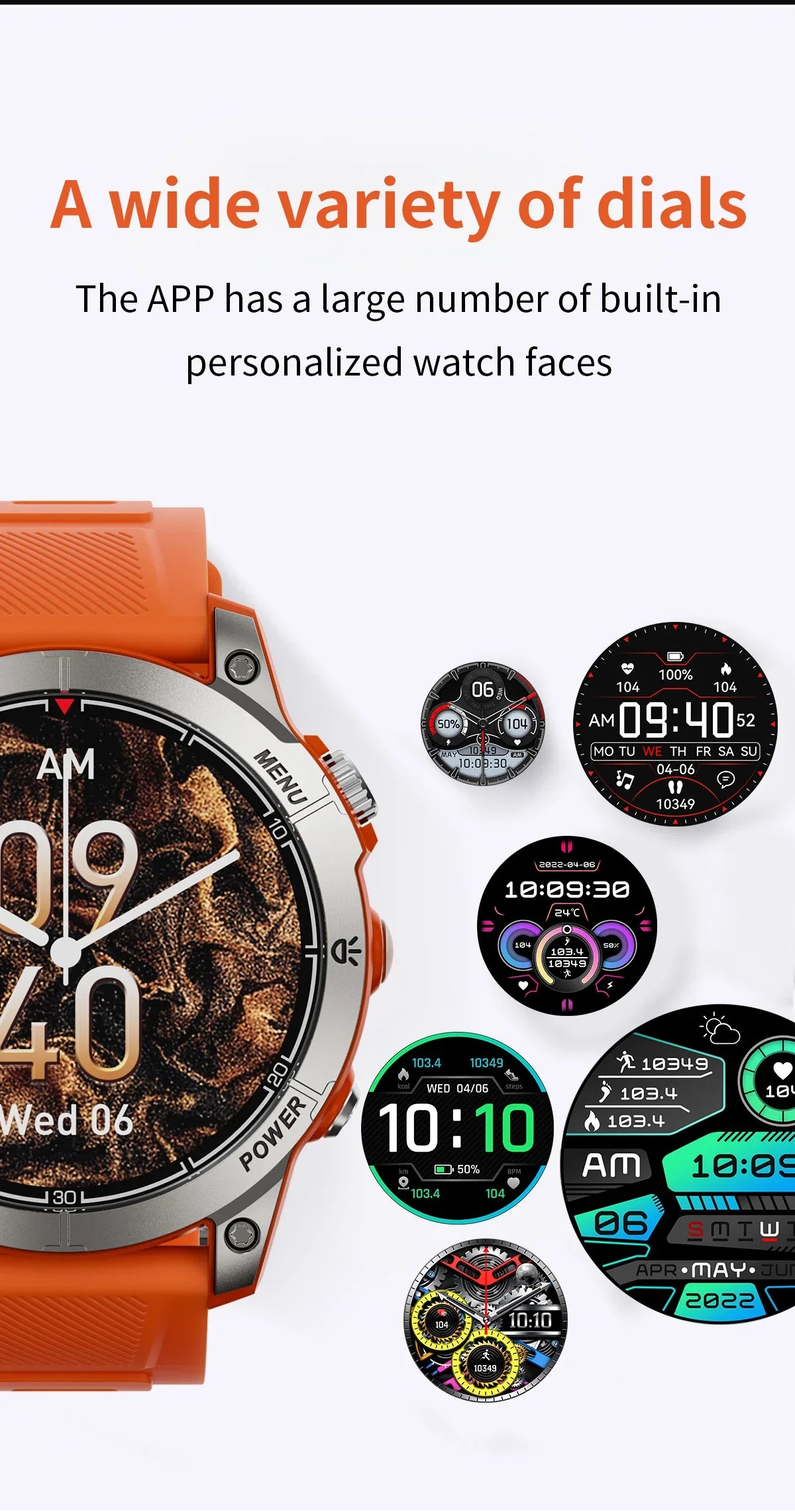 Orange smart watch with diverse digital and analog watch faces showing time, date, fitness data