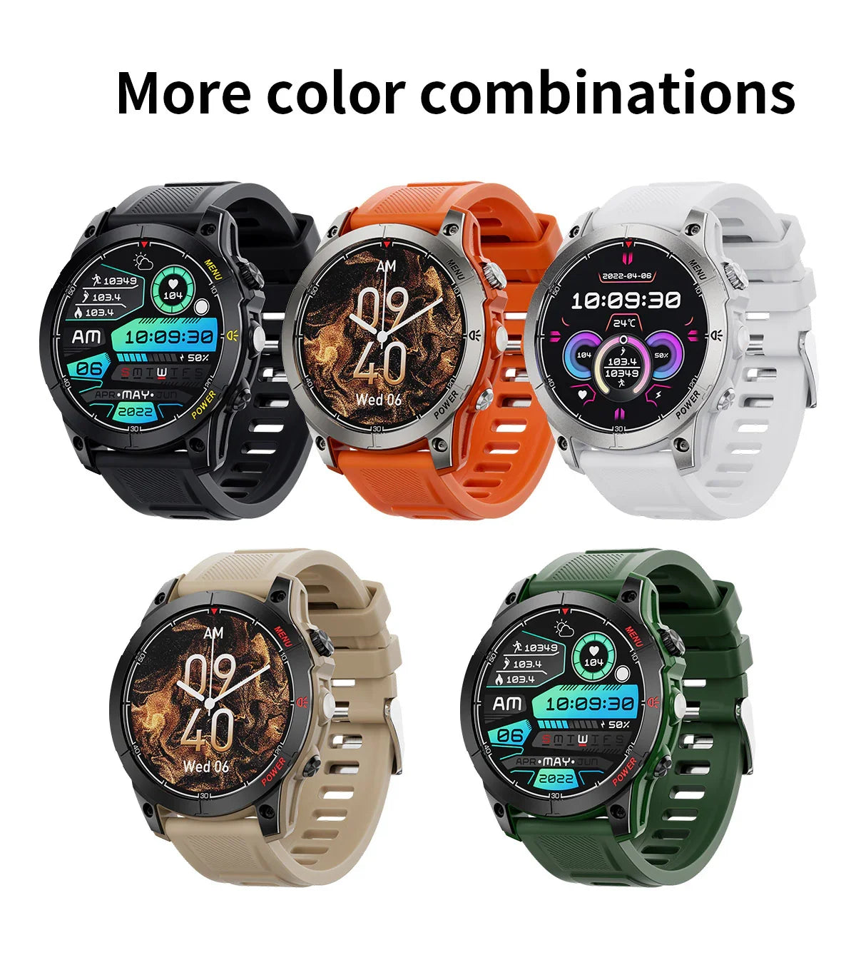 Five smartwatches in black, orange, white, beige, and green with various digital watch faces showing time and fitness data
